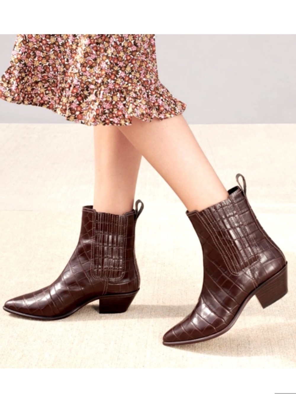 Loeffler Randall Aylin Brown Croc Embossed Low Western Boots Size 7